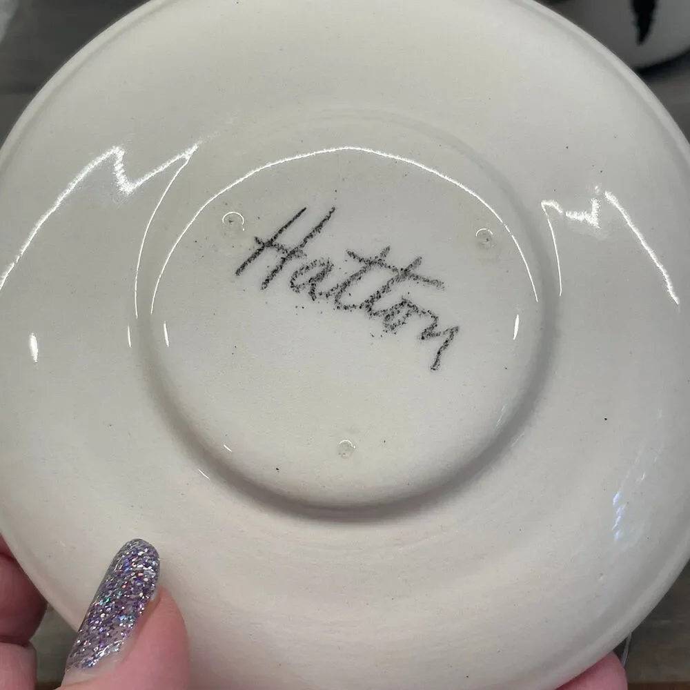 Vintage Tom Hatton Signed Ceramic Striped Cat Teacups Saucer Set 1985 Espresso